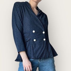 Vintage Polka Dot Blouse Size Medium Navy Blue 1980s